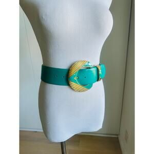 90s St John Leather/Enamel Belt Size 2/26 W Turquoise Gold Big Statement